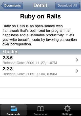 Screenshot of Devstant, an iPhone app that manages documentation