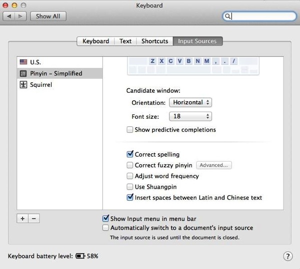 Mac OS X Mavericks 的中文輸入法增加了在拉丁字符與漢字之間留出間距的設置