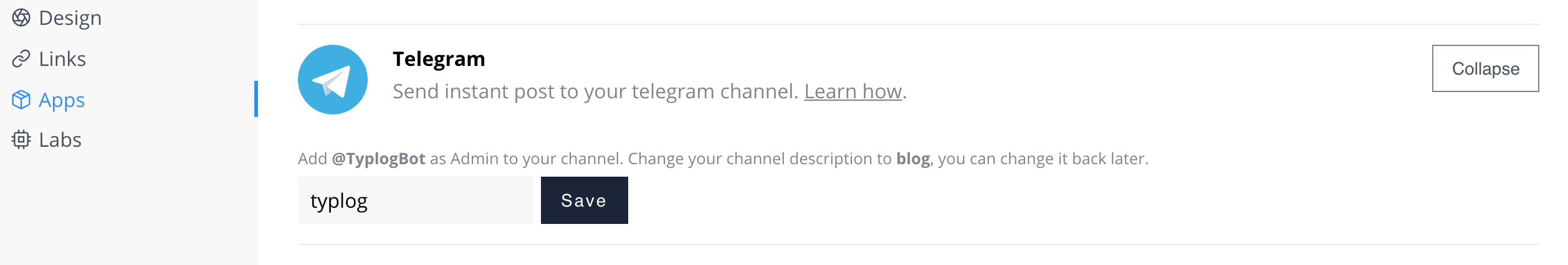 Fill your channel username in Telegram section apps.png