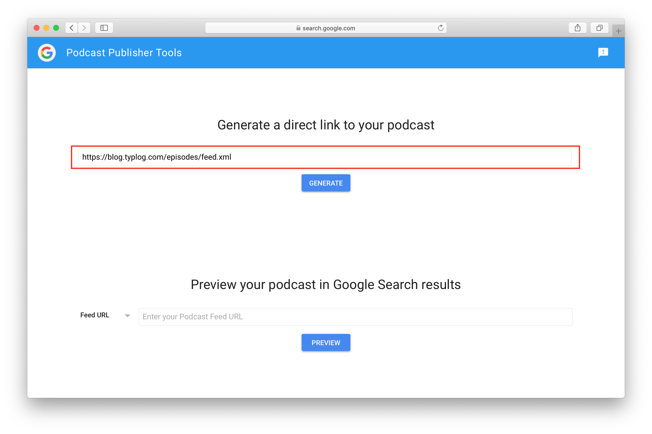 Put RSS feed URL here and click 'generate' Podcast Publisher Tool