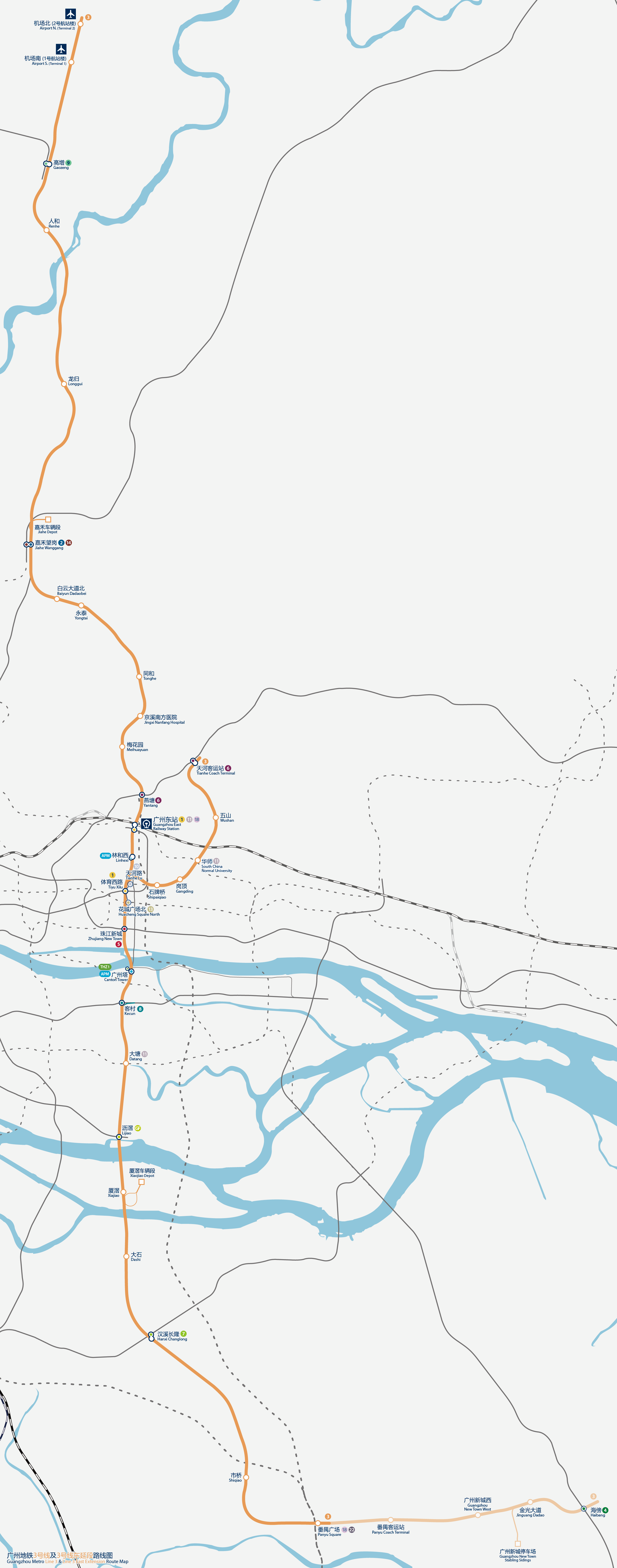 Tweatkn - 廣州地鐵3號線路線圖,按真實比例繪畫